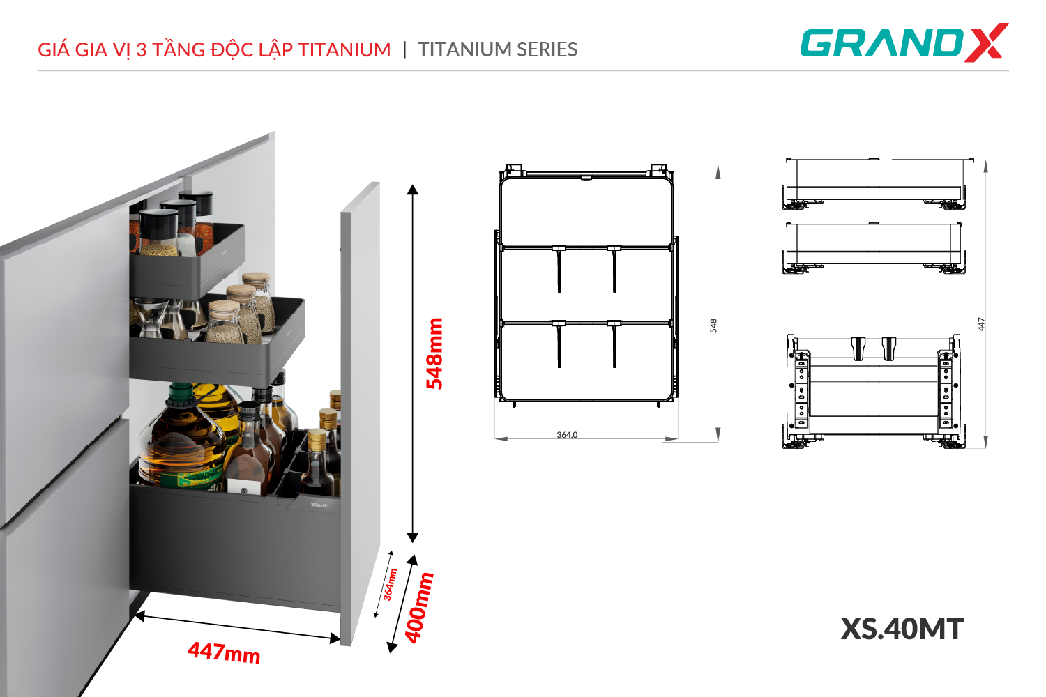 Giá gia vị GrandX 3 tầng độc lập Titanium XS.40MT – hình 3