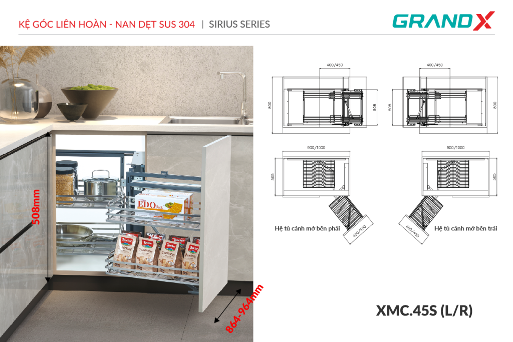 Kệ góc liên hoàn – nan dẹt SUS304 GrandX XMC.45S1 (l/r) – hình 3