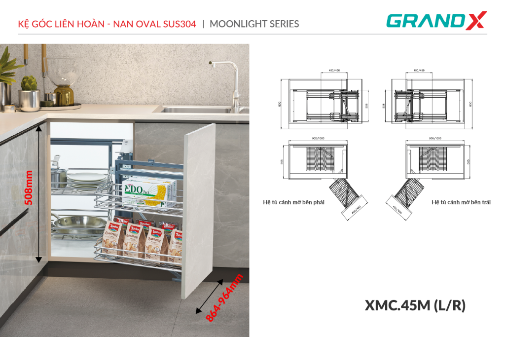 Đánh giá Kệ góc liên hoàn – nan Oval SUS304 GrandX XMC.45M(L/R)