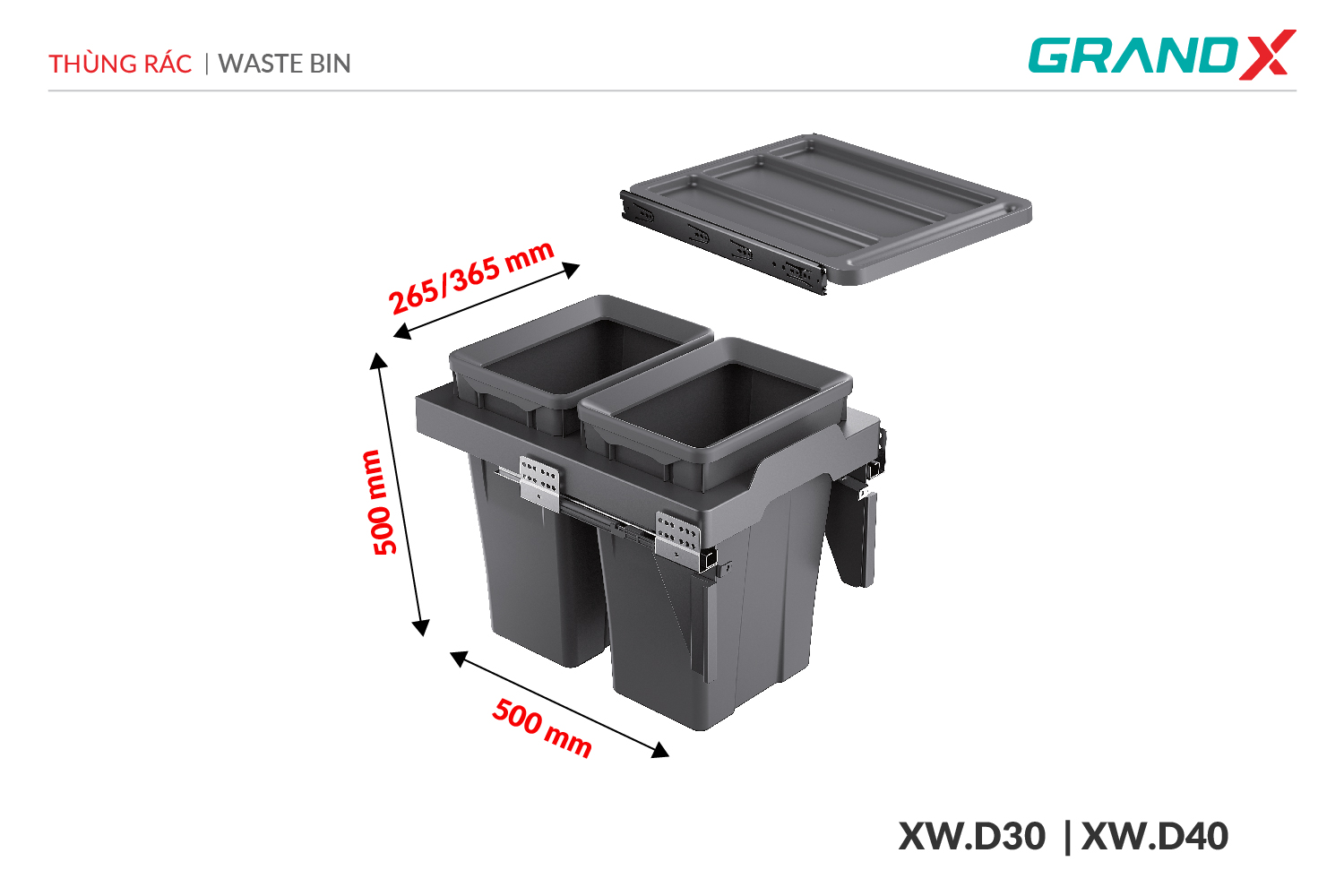 Thùng rác đôi gắn cánh kéo âm tủ GrandX XW.D30M1 – hình 3